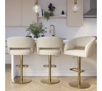 Set Of 3 Curved Beige Fabric Adjustable Swivel Bar Stools with Gold Base - Runa