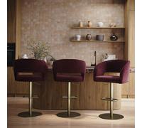Set of 3 Curved Burgundy Velvet Adjustable Swivel Bar Stools with Brass Base - Runa