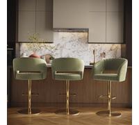 Set of 3 Curved Sage Green Velvet Adjustable Swivel Bar Stools with Gold Metal Base - Runa