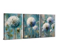 Set of 3 Dandelion Canvas Wall Art Teal Blue Flower Wall Decor Rustic Botanical Prints Vintage Farmhouse Floral Wall Pictures for Living Room Cottagecore Framed Artwork Bedroom Home Decoration 40x60cm