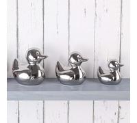 Set Of 3 Decorative Pieces Silver Duck Ornaments, Ceramic, Bathroom, Stunning Decor