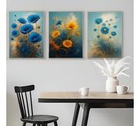 Set of 3 Delicate Blue and Yellow Floral Prints - A5 A4 A3 Art Posters Wall Art Modern Painting Prints for Home Office or Workspace Interior Decoration (A4 (297x210mm), High-resolution paper)
