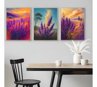 Set of 3 Detailed Lavender with Vibrant Background - A5 A4 A3 Art Posters Wall Art Modern Painting Prints for Home Office or Workspace Interior Decoration (A4 (297x210mm), High-resolution paper)