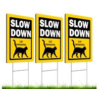 Set of 3 Double Sided 12x16 Inches Slow Down Cat Crossing Sign with Metal Wire H-Stakes - Pets At Play Safety signs for Street Sign - Plastic Street Slow Down Animals Crossing Sign