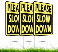 Set of 3 Double Sided 12x8 Inches Please Slow Down Signs with Stakes - Road, Traffic Safety Signs for Neighborhoods - Children and Kids at Play signs - Street Slow Children at Play Sign