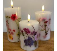 mysmartbuy.com Set of 3 Flower Embedded Real Wax LED Flame Candles - Battery Powered Pillar Candle Lights with Dried Flower Floral Design, Indoor Home Botanical Decoration - Measure H18, H12 & H10cm