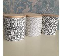 Set of 3 Embossed Ceramic Jars with Bamboo LID Grey Ceramic Storage Jars-Floral