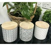 Set of 3 Embossed Tea Coffee Sugar Ceramic Canisters Kitchen Storage Jars Gift