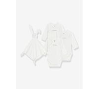 Set of 3 Embroidered Cotton Bodysuits & Rabbit Comforter for Newborns, PETIT BATEAU ecru