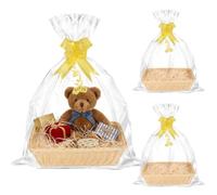 Set of 3 Empty Hamper Baskets, 40x30x10.5cm Woven Wicker Gift Basket Kit | Versatile Storage, with Cellophane Wraps, Decorative Bows & Raffia, DIY Birthday, Wedding, Christmas, Easter Gifts (Beige)