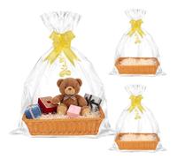 Set of 3 Empty Hamper Baskets, 40x30x10.5cm Woven Wicker Gift Basket Kit | Versatile Storage, with Cellophane Wraps, Decorative Bows & Raffia, DIY Birthday, Wedding, Christmas, Easter Gifts (Brown)