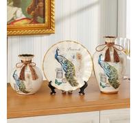 Set of 3 European Retro Ceramic Decorations, Peacock Pattern, with Vases and Plates, Vintage Living Room Decor