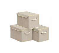 SONGMICS Storage Boxes with Lids, Set of 3, Foldable Fabric Storage Organiser Bins for Wardrobe, Cotton Handles, for Bedroom, Living Room, 38 x 25 x 25 cm, Sand Beige RFB013LZ01