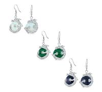Set of 3 Fashion Statement Rainbow Opalite Translucent Malachite Blue Goldstone Round Ball Dangle Orb Asian Dragon Earrings For Women Teen Silver Plated Fish Hook