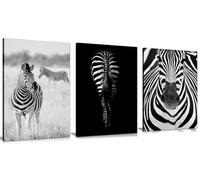 Set of 3 Fine Art Black & White Zebra Canvas Prints. Artistic Framed Unique Wall Art for Home Decor in Office, Bedroom, Living Room & Bathroom. Size 76 x 51cm (30 x 20 inches)