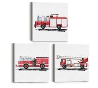 Set of 3 Fire Truck Nursery Transportation Canvas Wall Art Framed Paintings Prints Watercolor Fire Engine Firetruck Canvas Posters Pictures Wall Decor for Home Kids Bedroom 12x12 Inch