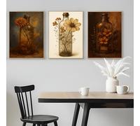 Set of 3 Flowers Displayed in Glass Bottles - A5 A4 A3 Art Posters Wall Art Modern Painting Prints for Home Office or Workspace Interior Decoration (A4 (297x210mm), High-resolution paper)