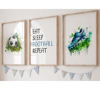 Set of 3 Football Prints: Unframed Wall Art with Boots, Ball & Quote, Green Watercolour Splash for Boys & Girls Bedroom - Eat Sleep Football Repeat (A4)