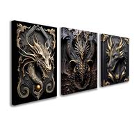 Set of 3 Framed Canvas Wall Art 12x16 Inch Dragon Artwork Fantasy Black and Gold Design Modern Wall Canvas Pictures for Living Room Bedroom Gaming Room Wall Decoration with Hooks and Magic Tape