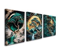 Set of 3 Framed Canvas Wall Art 12x16 Inch Landscape Tree and Waterfall Abstract Green and Gold Artwork Modern Wall Canvas Pictures for Living Room Bedroom Hallway Decoration with Hooks and MagicTape