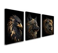 Set of 3 Framed Canvas Wall Art 12x16 Inch Wolf Lion Eagle Black and Gold Animal Artwork Modern Wall Canvas Pictures for Living Room Bedroom Gaming Room Office Decoration with Hooks and Magic Tape