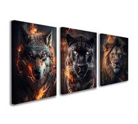 Set of 3 Framed Canvas Wall Art 12x16 Inch Wolf Lion Panther Artwork Animal Fire Design Modern Wall Canvas Pictures for Living Room Bedroom Gaming Room Hallway Wall Decoration with Hooks and MagicTape