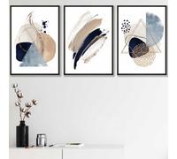 Set Of 3 Framed Framed Abstract Blue Beige Watercolour Shapes / 30X42Cm (A3) / Black