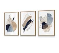 Set Of 3 Framed Framed Abstract Blue Beige Watercolour Shapes / 30X42Cm (A3) / Oak