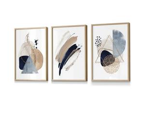 Set Of 3 Framed Framed Abstract Blue Beige Watercolour Shapes / 30X42Cm (A3) / Oak