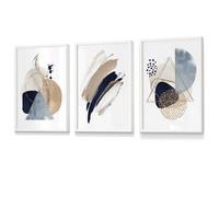 Set Of 3 Framed Framed Abstract Blue Beige Watercolour Shapes / 30X42Cm (A3) / White