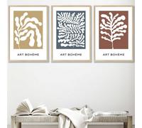 Set Of 3 Framed Framed Boho Abstract Yellow, Blue, Red Floral Shapes / 50X70Cm / Oak
