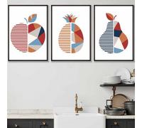 Set Of 3 Framed Geometric Fruit Kitchen Wall Art In Red, Blue And Orange / 50X70Cm / Black Frames
