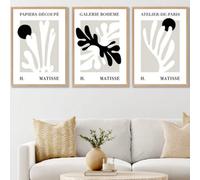 Set Of 3 Framed Matisse Floral Cut Out Style In Black & Beige / 50X70Cm / Oak