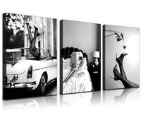Set of 3 Framed Stylish Women Reading Newspaper Before Bed Wall Art, High Heels Vintage Car Posters, Feminist Black And White Vintage Canvas Prints pictures ， Home living room wall decoration bar cart