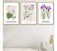 Set Of 3 Framed Vintage Graphical Flower Market Purple Lilac / 42X59Cm (A2) / Oak