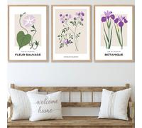 Set Of 3 Framed Vintage Graphical Flower Market Purple Lilac / 50X70Cm / Oak