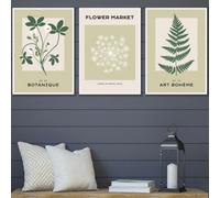 Set Of 3 Framed Vintage Graphical Green Botanical / 42X59Cm (A2) / White