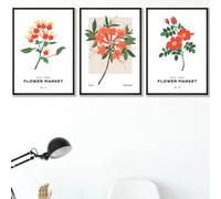 Set Of 3 Framed Vintage Graphical Orange Flower Market / 30X42Cm (A3) / Black