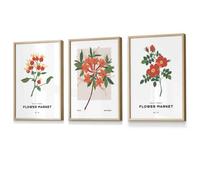 Set Of 3 Framed Vintage Graphical Orange Flower Market / 30X42Cm (A3) / Oak