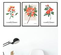Set Of 3 Framed Vintage Graphical Orange Flower Market / 42X59Cm (A2) / Black