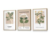 Set Of 3 Framed Vintage Graphical Yellow Wild Flower Market / 30X42Cm (A3) / Oak