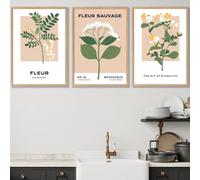 Set Of 3 Framed Vintage Graphical Yellow Wild Flower Market / 50X70Cm / Oak