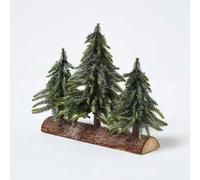 Homescapes Set Of 3 Frosted Xmas Trees On Firwood Log Base - 27 X 27 Cm