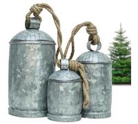 Set of 3 Galvanized Decorative Cow Bells - Large Vintage Harmony Bells (6", 8", 10") with Jute Rope for Christmas, Farmhouse & Holiday Décor