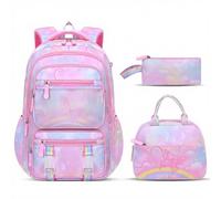 Set of 3 Girls' Primary School Bag with Rainbow and Butterfly, Children's Backpack, Lunch Bag and Pencil Case, Rainbow Neon Colour, Durable Waterproof Nylon, Large Capacity | Daily Travel School, #01