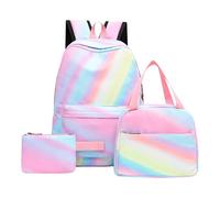 Set of 3 Girls' School Bag with Rainbow Gradient, Children's Backpack, Lunch Bag and Pencil Case, Rainbow Neon Colour, Durable Waterproof Nylon, Large Capacity | Daily Travel School, #01-Pink, Taille