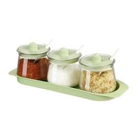 Set of 3 Glass Condiment Jar with Tray, Condiment Container Seasoning Box Set, with Lids and Spoons Kitchen Seasoning Box for Salt Pepper Sugar Spice Storage,Kitchen,Counter (Green)