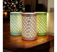 Set of 3 Glass LED Table Lamps with Illuminated Flower Petal Design | Freestanding Battery Operated Cordless Lights | Metallic Finish with Floral Pattern | One of Each Colour - Blue, Green and Pink
