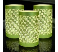 Set of 3 Glass LED Table Lamps with Illuminated Flower Petal Design | Freestanding Battery Operated Cordless Lights | Metallic Green with Floral Pattern