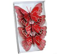 Set of 3 Glittered Christmas Tree Clips with Butterfly Ornaments for Holiday Use with Secure Clip Attachment (Red)